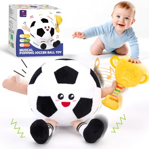 hahaland Baby Toys 6-12 Months – Popping Ball Football Toys Children 1 Year with Music & Recording, Tummy Time Interactive Plush Gifts Baby 6 9 12 Months