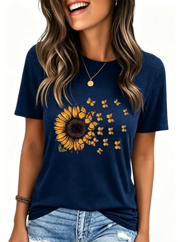 Women's T-Shirts Boho Wildflower Graphic Loose Tees Graphic Tees Summer Tops Short Sleeve Casual Loose Fit Shirts (Large, Blue-9) at Amazon