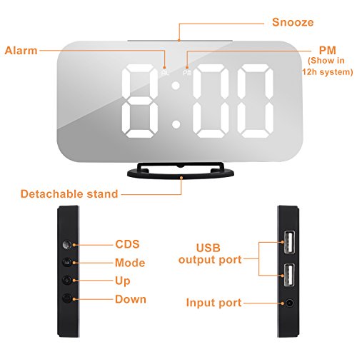 Adoric Alarm Clock with 6.5" Easy-Read LED Display, Snooze Function, Diming Mode, USB Charging