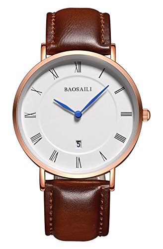 Mens Day Date Black Dress Watch Roman Numeral Rose Gold Boyfriend Watches Brown Leather Strap (Brown)