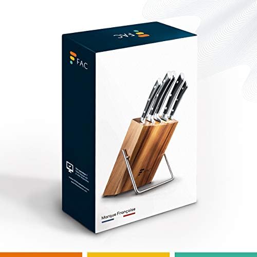 Fac Set de 5 Couteaux Professionnels avec Lame en Acier Inoxydable et Carbone : Chef, Pain, Viande, Office et Cuisine | Kit Chef avec Support en Bois | Manche Ergonomique | Moderne et élégant