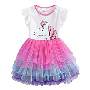 VIKITA Vestido Tul Algodón Bordado Unicornio para Niñas 2-8 Años