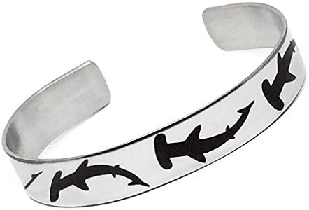Silver Hearts Jewelry Stainless Steel Adjustable Cuff Bangle Bracelet with Laser Engraved Hammerhead Shark Design