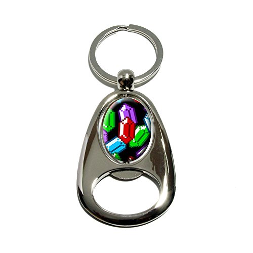 Pixel Rupees - Colored Rubies Video Game Geek - Chrome Plated Metal Spinning Oval Design Bottle Opener Keychain Key Ring