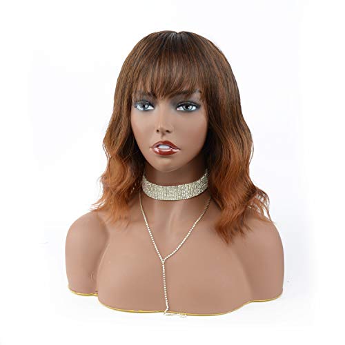 Short Wavy Bob Curly Wig With Bangs Mixed Brown Color For Women Shoulder Length Syntheic Hair Heat Resistant Fiber Hair for Women(14 inch)