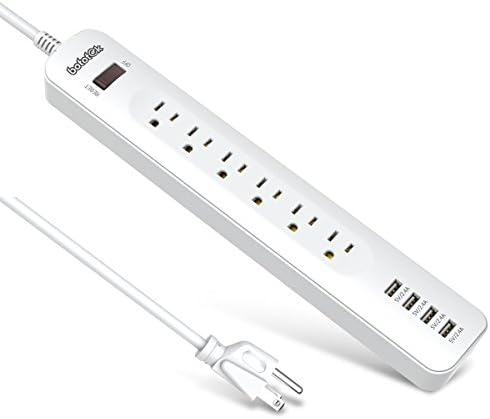 Bototek Mountable Usb Power Strip with 6-outlets and 4 Smart 5V/2.4A USB Charging ports,1250W/10A power strip surge protector with 6ft Cord for Smartphone Tablets Home,Office &amp; Hotel- White
