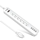 Bototek Mountable Usb Power Strip with 6-outlets and 4 Smart 5V/2.4A USB Charging ports,1250W/10A power strip surge protector with 6ft Cord for Smartphone Tablets Home,Office & Hotel- White