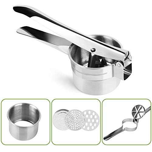 FREDI Potato Ricer/Vegetables and Fruit Masher Food Ricer Makes Light and Fluffy Mashed Potato Perfection with 3 Interchangeable Ricing Discs Easy to Clean, 100% Stainless Steel(Silver)