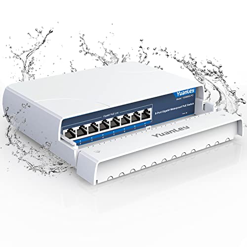 YuanLey Gigabit PoE Switch 8 Ports Ethernet Outdoor Waterproof Unmanaged Network Switch 1000Mbps, Built-in 120W Power, Support IEEE802.3af/at and Plug & Play
