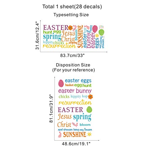 TOARTi Easter Wall Decals(28 Decals), Eggs Bunny Stickers, Inspirational Quotes Wall Art Watercolor Words Decals for Christian Easter Day Window Kids Room Decor - Thumbnail 3