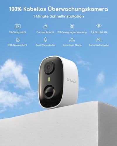 COOAU WiFi Surveillance Camera, 10,000 mAh Battery, Wireless Rechargeable IP Camera with PIR Motion Detection, Long Time Standby with 15 m Night Vision and 2-Way Audio, IP65 Waterproof and SD Card Slot