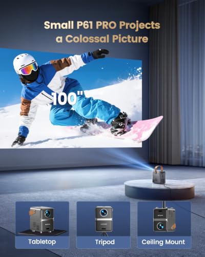 4K Mini Projector Netflix Ready,30000 Lumen Smart Portable Bedroom Cinema WiMiUS P61 PRO Projector with 3D Dolby Audio Short Throw, TOF 1s Focus WiFi6 Bluetooth 5.4 HDR10 for Home Garden Movies,Gifts