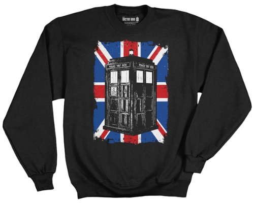 Doctor Who TARDIS Men's Distressed Union Jack Black Crew Sweatshirt