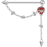 Niaspi 14G CZ Heart Chain Dangle Industrial Barbell for Women 316L Stainless Steel Silver Spike Chains Cartilage Barbell Earring Dainty Industrial Piercing Jewelry 38mm