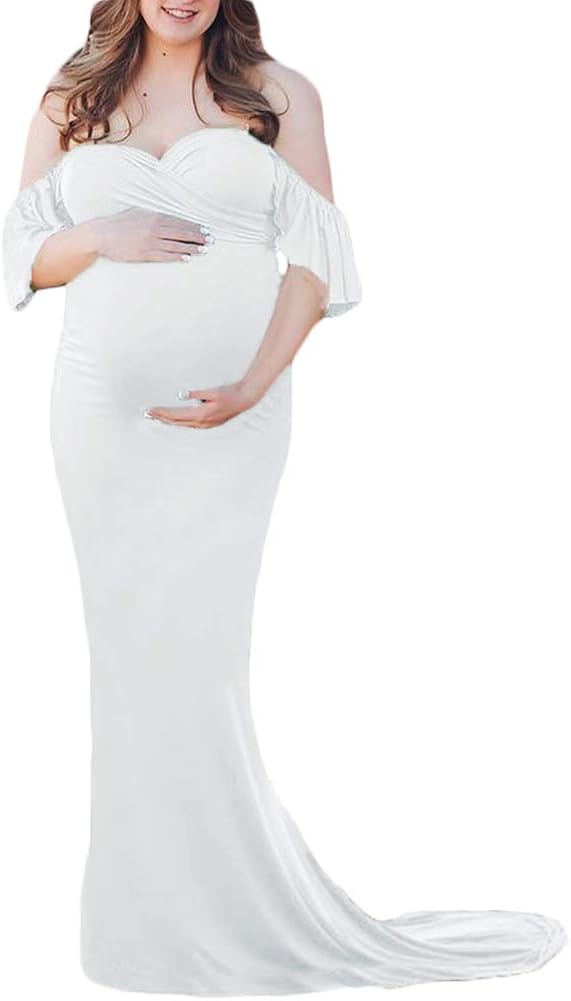Saslax Maternity Off Shoulder Wrap Sleeveless Elegant Fitted Gown Maxi Photography Dress