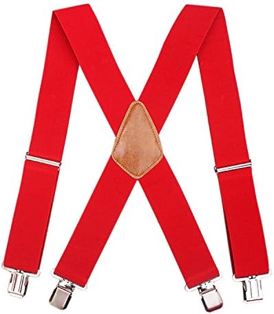 Mens Suspenders X-Back 2" Wide X Shape Braces Elastic and Adjustable Solid Straight Clip Suspenders, Heavy Duty (Red)