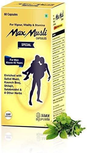Max Ayurveda Musli Special for 45 Plus Men (with Safed, Irani Akarkara, Kokilaksha, Jaiphal, Lavanga, Ashwagandha, Shilajit, Kaunch Beej, Gokhru, Amla) - 60 Capsules