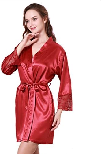 Sangreen Womens Synthetic Silk Lace 3/4 Sleeve Pajamas Short Robe Red M