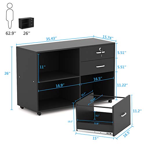 Tribesigns 3 Drawer Wood File Cabinets with Lock, Large Modern Lateral Mobile Filing Cabinets Printer Stand with Wheels, Open Storage Shelves for Home (Black with Lock)