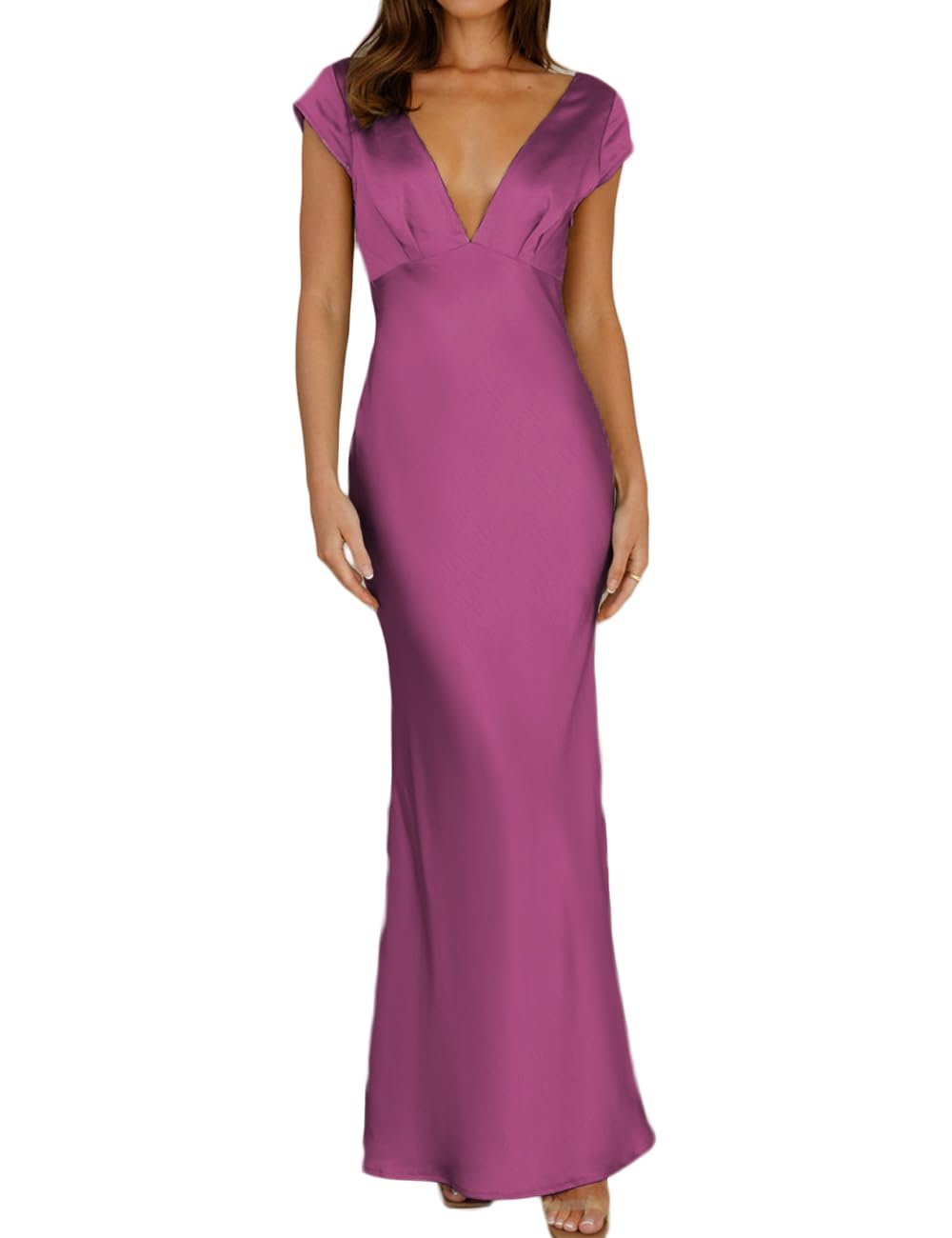 Photo 1 of Halfisland Womens Summer Satin V Neck Cap Sleeve Backless Maxi Dress Elegant Twist Cut Out Midi Dresses Wedding Guest Fuchsia