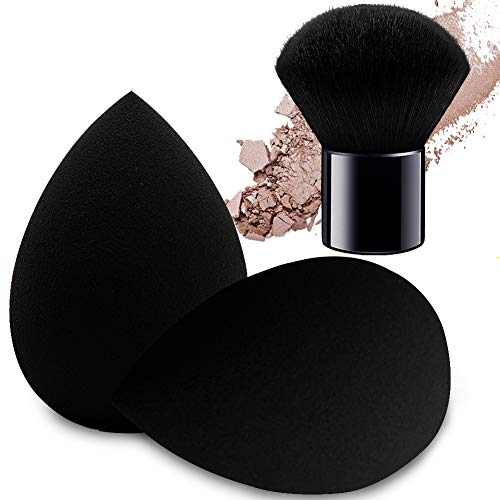BAIMEI Makeup Sponges with Kabuki Brush, Latex-Free, Dry or Wet Dual Use, Flawless Blender Beauty Sponge for Powder, Cream and Liquid Application, 2+1Pcs/Black