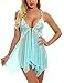 Hotme Women V Neck Floral Lace Lingerie Set Open Front Sexy Sheer Babydoll Mesh Chemise Green