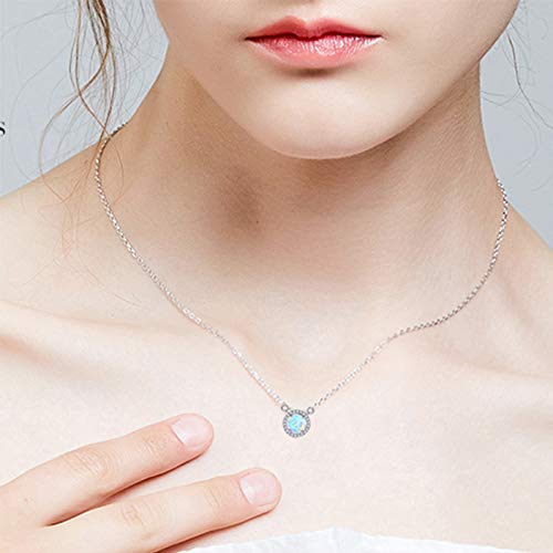 Sterling Silver Round Cubic Zirconia Inlaid Opal Pendant Necklace for Women 16\