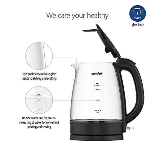COMFEE' Glass Electric Tea Kettle & Hot Water Boiler(BPAFree), 1.7L, Cordless with LED