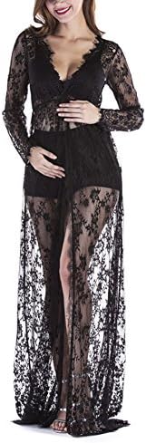 Yomoko Sexy Deep V-Neck Long Sleeve Lace Beach Dress See-through Maxi Dress (X-Large, Front Open Black)