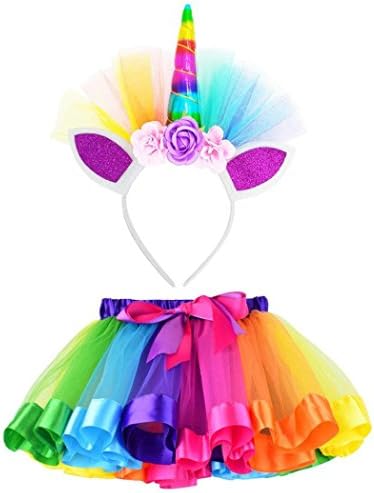 Hunzed Girls Rainbow Layered Tutu Skirt+Unicorn Horse Hairband Set, Kids Birthday Party Dance Ballet Costume (4T, Red)