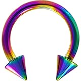 12G (2mm) Rainbow Titanium IP Steel Circular Barbells Horseshoe Rings w/Spike Ends (Sold in Pairs)