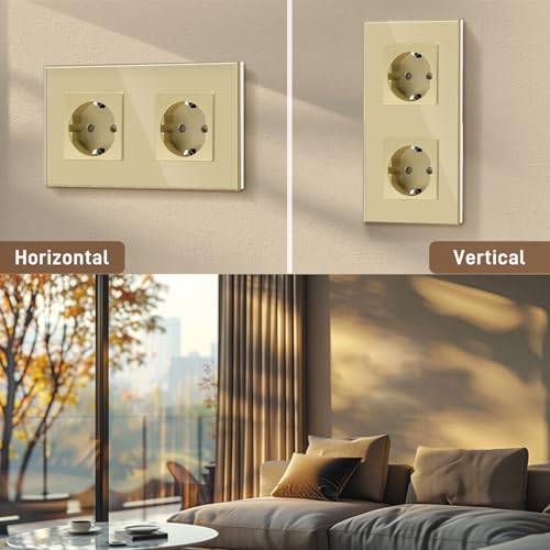 BSEED Schuko Double Socket with Glass Plate, Gold, 16 A, 250 V, Extension Sockets for Kitchen, Bedroom, Office, Hotel, etc.