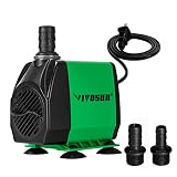 VIVOSUN 800GPH Submersible Pump(3000L/H, 24W), Ultra Quiet Water Pump with 10ft High Lift, Fountain Pump with 5ft Power Cord, 3 Nozzles for Fish Tank, Pond, Aquarium, Statuary, Hydroponics