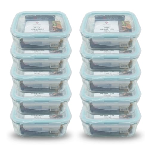 Pote de Vidro Hermético 370ml Retangular Kit 10 Unidades Marmita com Trava Organizador de Alimentos para Geladeira Freezer e Microondas