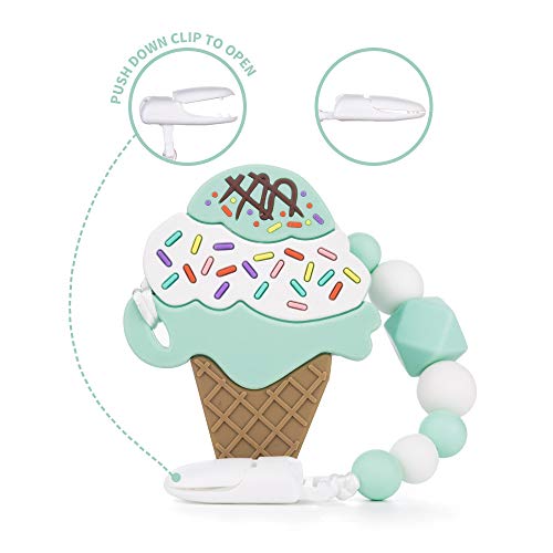 AmazingM Baby Teething Toys,Food Grade Silicone Ice Cream Teether Toy with Pacifier Clip Holder Set for Newborn Babies,BPA Free,Freezer Safe (Green)
