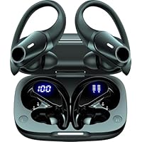 GOLREX Active Noise Cancelling Ear Buds Wireless Earbuds Bluetooth Headphones with 80H Playtime LED Display Charging Case, Over Ear Earphones with Hooks for Sports Running Gym Workout Black