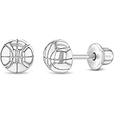 925 Sterling Silver Polished Basketball Safety Screw Back Earrings For Little Girls and Preteens - Children's Sports Ball Stud Earrings - Basketball Sports Themed Girls Earrings
