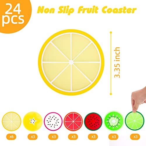DomeStar Fake Fruit Coasters, 24PCS Cup Coasters 3.35 Inch Heat Insulation Non Slip Lemon Lime Watermelon Kiwi for Drink Cups Table Decor