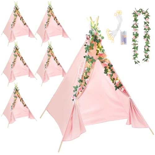 Kigley 6 Sets Teepee Tent Indoor Cotton Linen Teepee Play Tent with 6.6 ft Pink Fake Rose Vine Artificial Garland 10 ft Battery Operated String Lights for Room Decor (Pink)