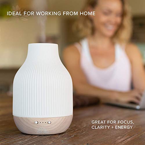 Essential Oil Diffuser Lamp, White Ceramic + Wood, Ultrasonic 180ml, Whispersoft, 4 Timers + 5