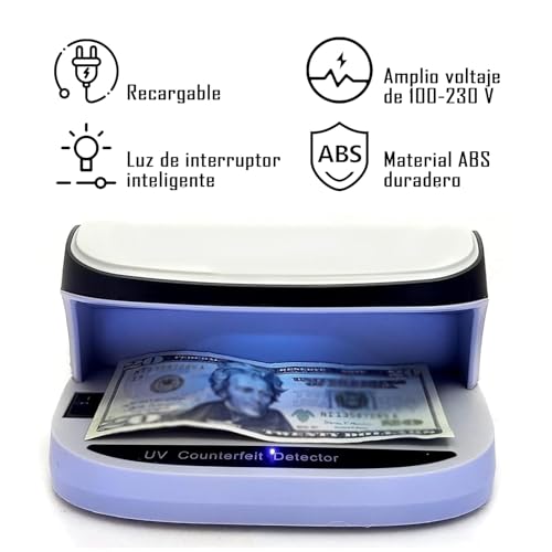 Detector billetes falsos, Máquina de billetes falsos con detector uv, Detector billetes falsos recargable, Luz de interruptor inteligente, para Pasaportes, Bancarios, Cheques, Tarjetas de Crédito