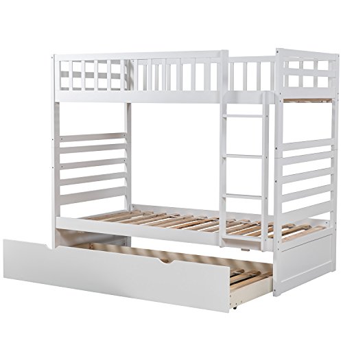 Twin Over Twin Bunk Bed, Rockjame Space Saving Design Sleeping Bedroom Furniture with Trundle Solid Wood Bunk Bed, Ladder and Safety Rail for Boys and Girls (White)