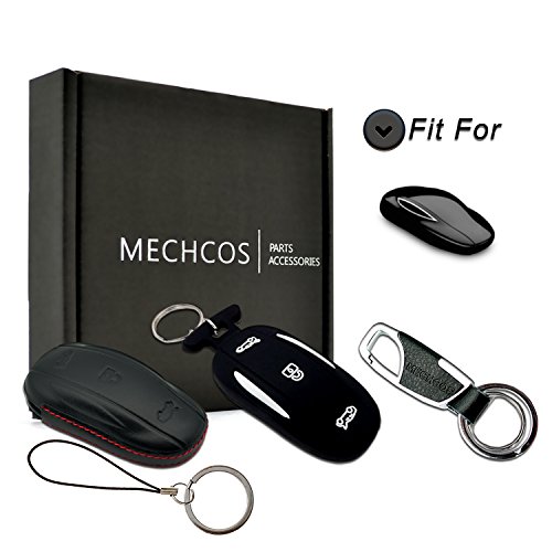 For Tesla Model X Key Fob Sleeve - Genuine leather Car key Case Remote Key Fob Pocket Bag, Perfect Snug Fit, Bonus Rubber Silicone Tesla Model X Key Case and Zinc Alloy Key Ring, by MECHCOS