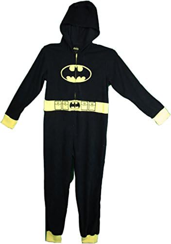 Batman Adult Onesie Fleece Full Zip Pajamas with Hood Black &amp; Yellow (Medium)