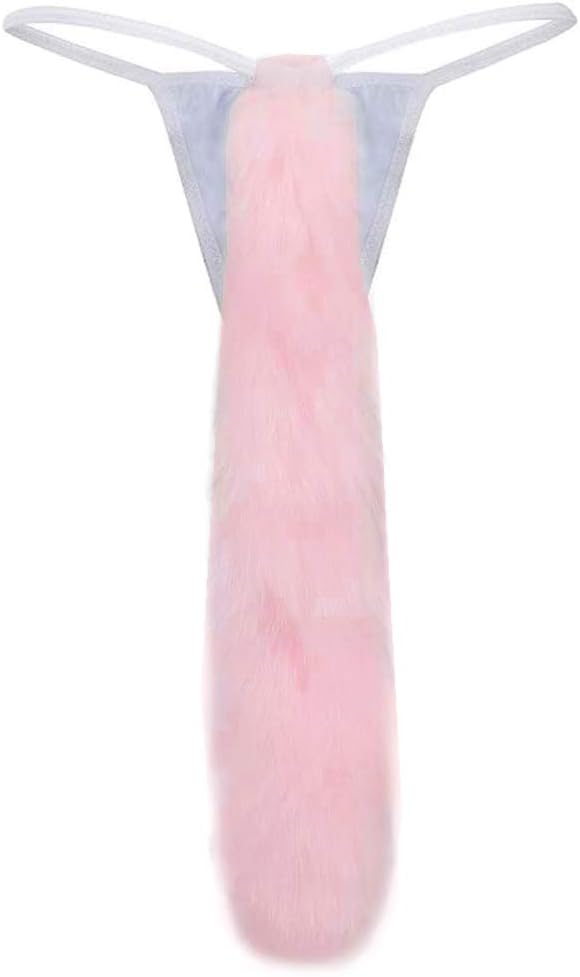 HNGPB Faux Fox Fur Tail Thongs Women Sexy Plush Panties Cosplay Costumes Cute Cat G-String Underwear - One size (Pink)