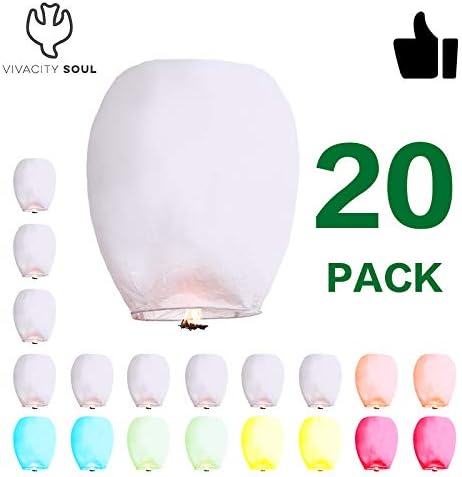 Premium Chinese Sky Lanterns 2019-2020 Edition | Authentic Kongming Lantern | Approved Gold Safety Standards | White and Colored Together, 20pcs. โ 100% Biodegradable and Environment Friendly.