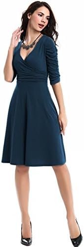 Aamikast Women V-neck 3/4 Sleeved Elegant Smock Sexy Cocktail Dresses Navy Blue Large
