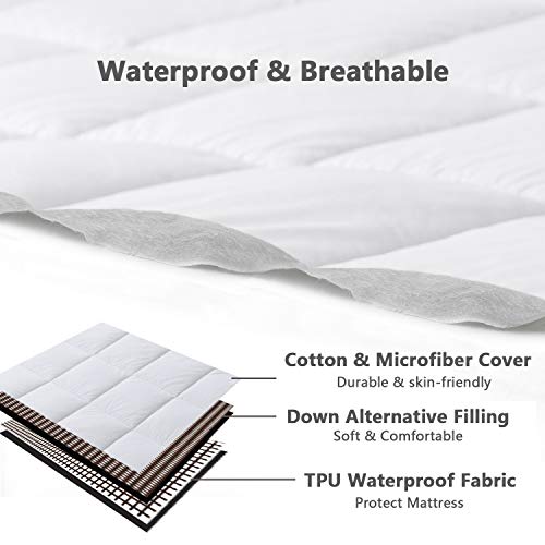 Ubauba Waterproof Mattress Pad, All Season White Down Alternative Mattress Cover Cotton Mattress Protector Deep Pocket Breathable Mattress Topper, Queen