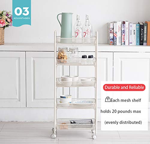 Iris'Home Easy Assemble 5-Tier Bathroom Shelf Cart, Large Rolling Cart, Office File Cart, Kitchen Storage Cart on Wheels, Utility cart, Storage Rack, Mesh Designing -White