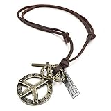 INBLUE Men's Alloy Genuine Leather Pendant Necklace Gold Tone Cross Peace Sign Adjustable 16~26 Inch Chain